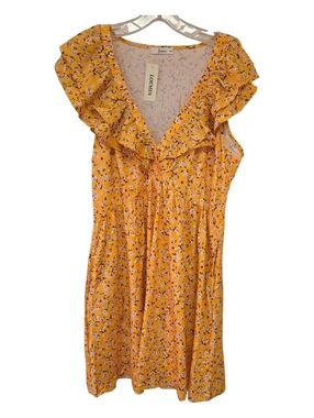 Loemes Women's Yellow V Neck Ruffle Floral Sundress With Pockets,  XL